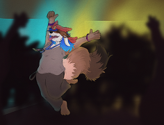 Gorepup dancing at the Midwest Furfest rave, her badge flopping around in the air and big fluffy tail waving behind her. Partying furries are seen in silhouette against orange and blue lights.