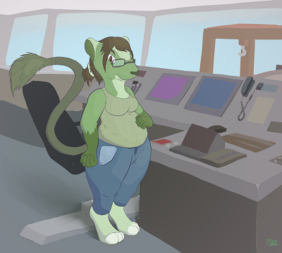 Sel the green degu standing on the bridge of a large ship