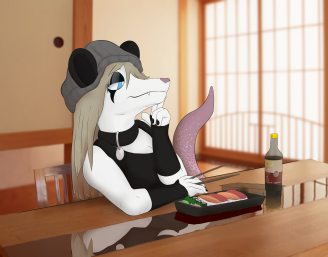 Squally the opossum sitting at a table with a container of grocery-store sushi in front of her and a bottle of dark soy sauce besides it. She has two fingers on her chin and a pair of chopsticks in her other hand.