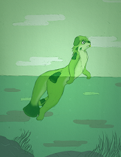 A listless green dog with a big fish tail swimming in the sea