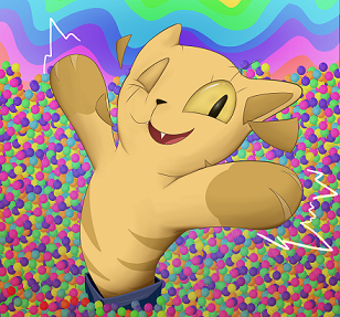 Long-cat Reject popping out of a box in a field of colorful hard candies